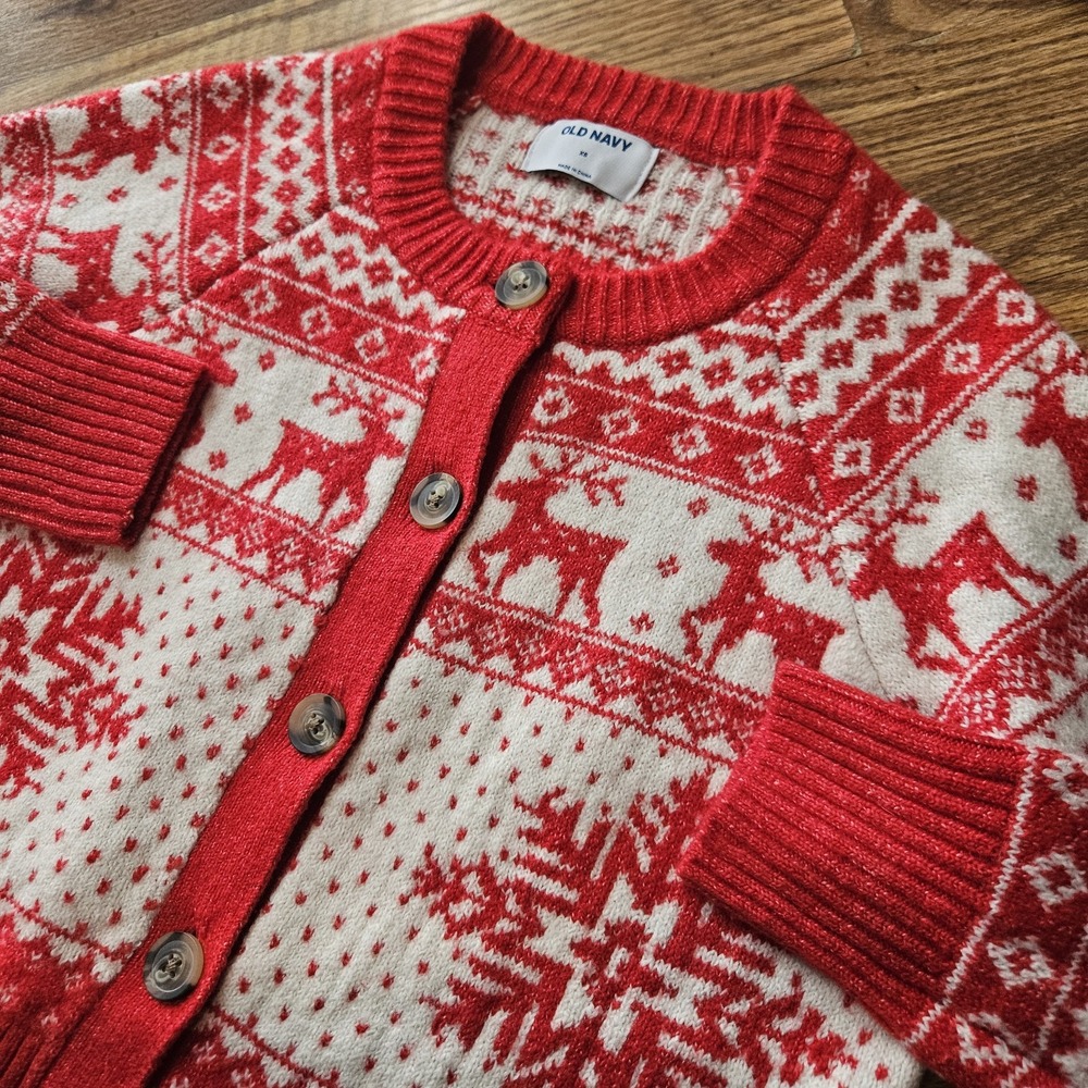 Old Navy Fair Isle Red White Deer Tree Cardigan Sweater winter Christmas XS
